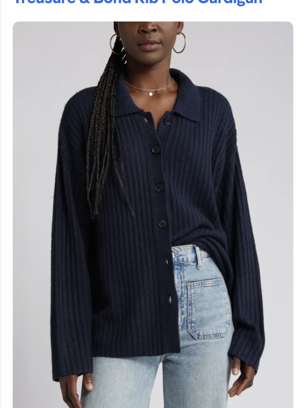 Treasure & Bond Navy Ribbed Button Cardigan